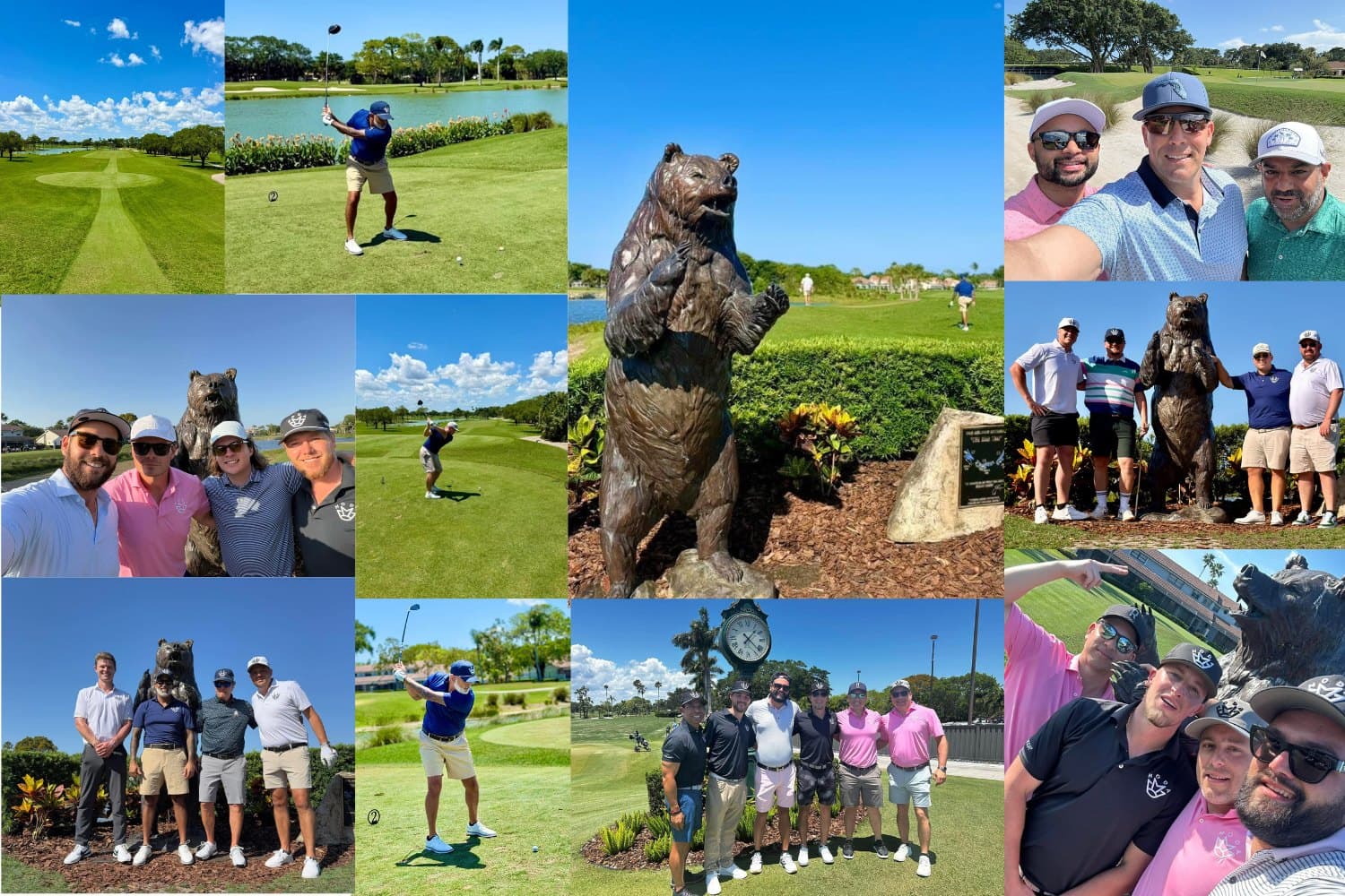 Photos from a Moda Golf Club outing at PGA National: groups of golfers beside the bear statue, on the tee and under the course clock