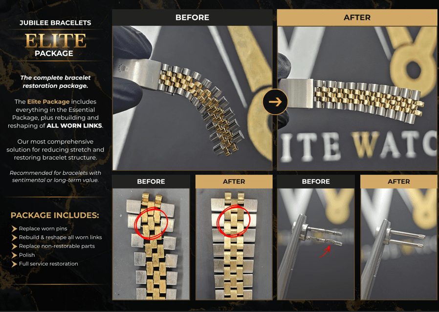 Before and after photos of an Elite Watch Co Elite package bracelet repair, showing a full bracelet restoration with all links rebuilt