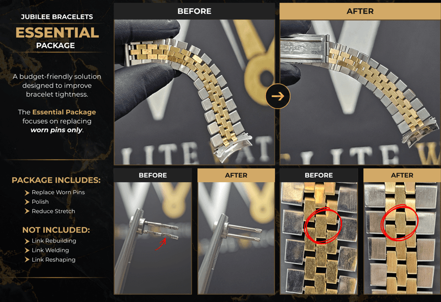 Before and after photos of an Elite Watch Co Essential package bracelet repair, showing worn pins replaced and the bracelet polished