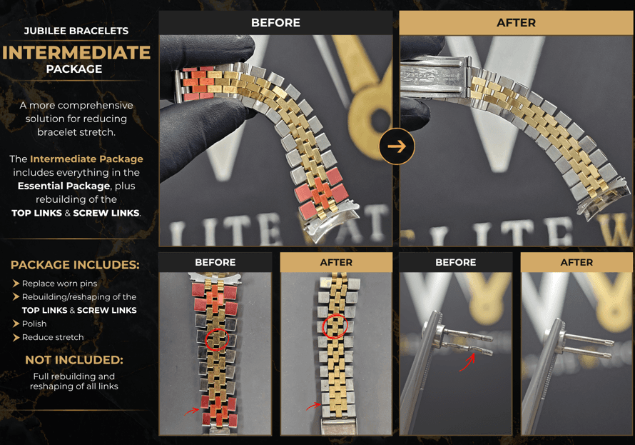 Before and after photos of an Elite Watch Co Intermediate package bracelet repair, showing the top links and screw links rebuilt