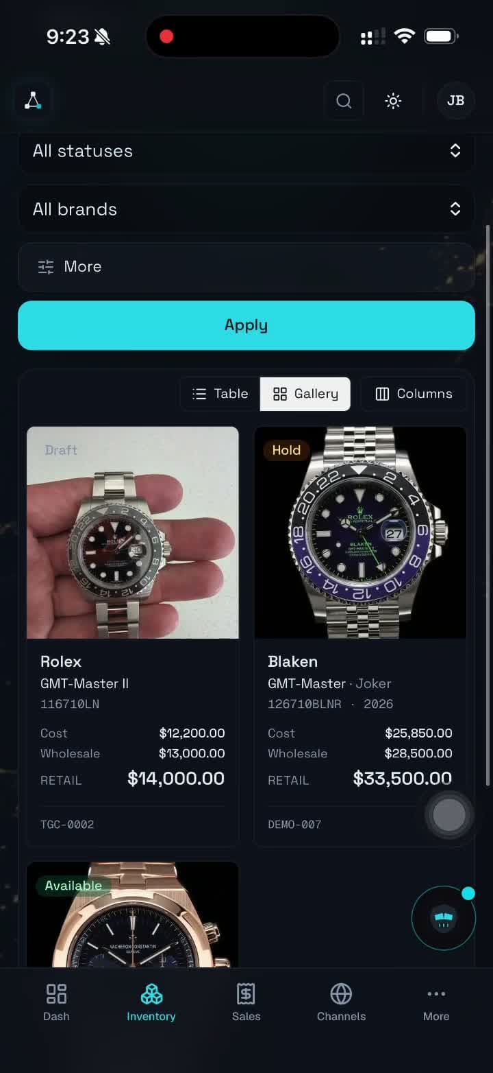 The InventoryConnect app showing a dealer's watch inventory with cost, wholesale, and retail pricing