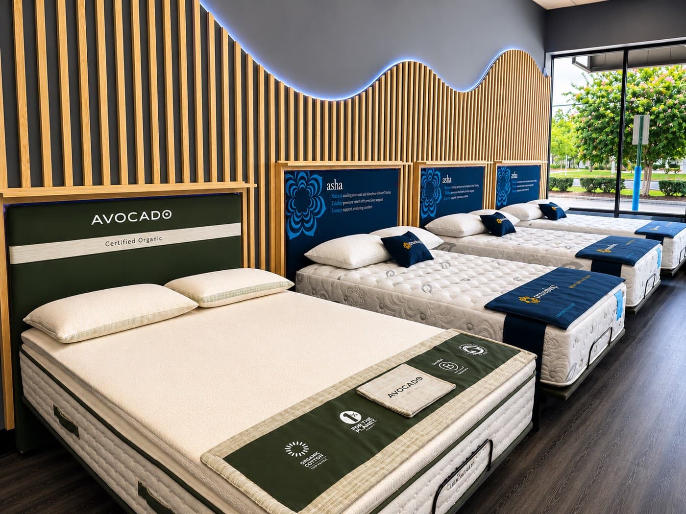 The natural and organic mattress display at Jacksonville Bedding, including a Certified Organic bed