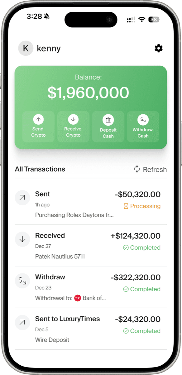 The Kettle Pay home screen on an iPhone: a dollar balance with send and receive crypto, deposit and withdraw cash, and a transaction list with watch deals settling