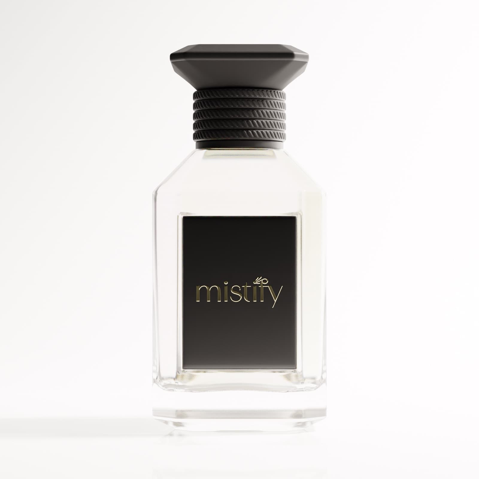 Mistify fragrance bottle photographed from the front on a clean neutral backdrop