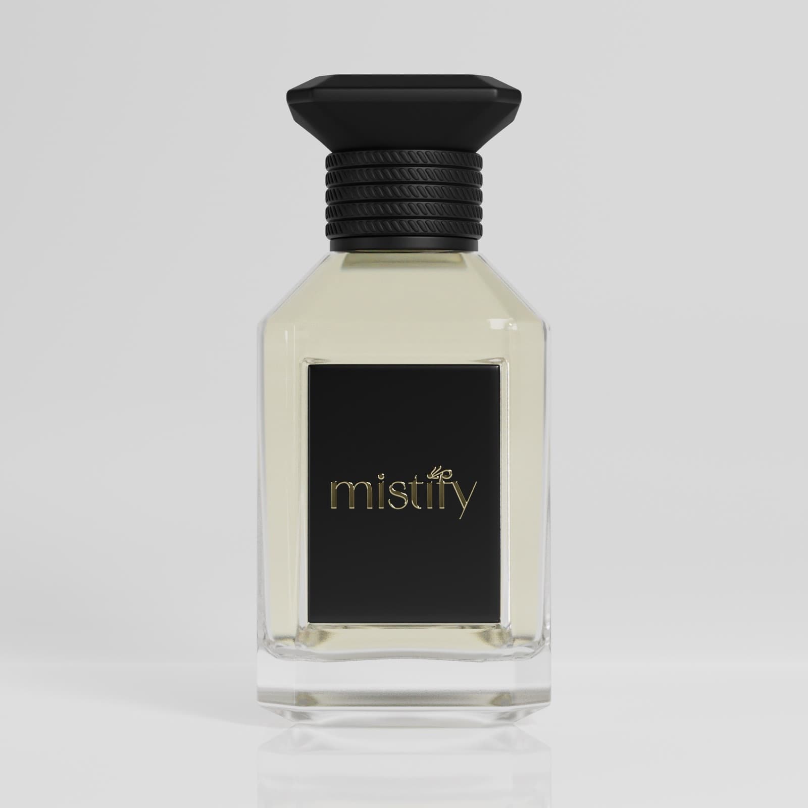 Mistify fragrance bottle with a faceted glass base and a ribbed black collar