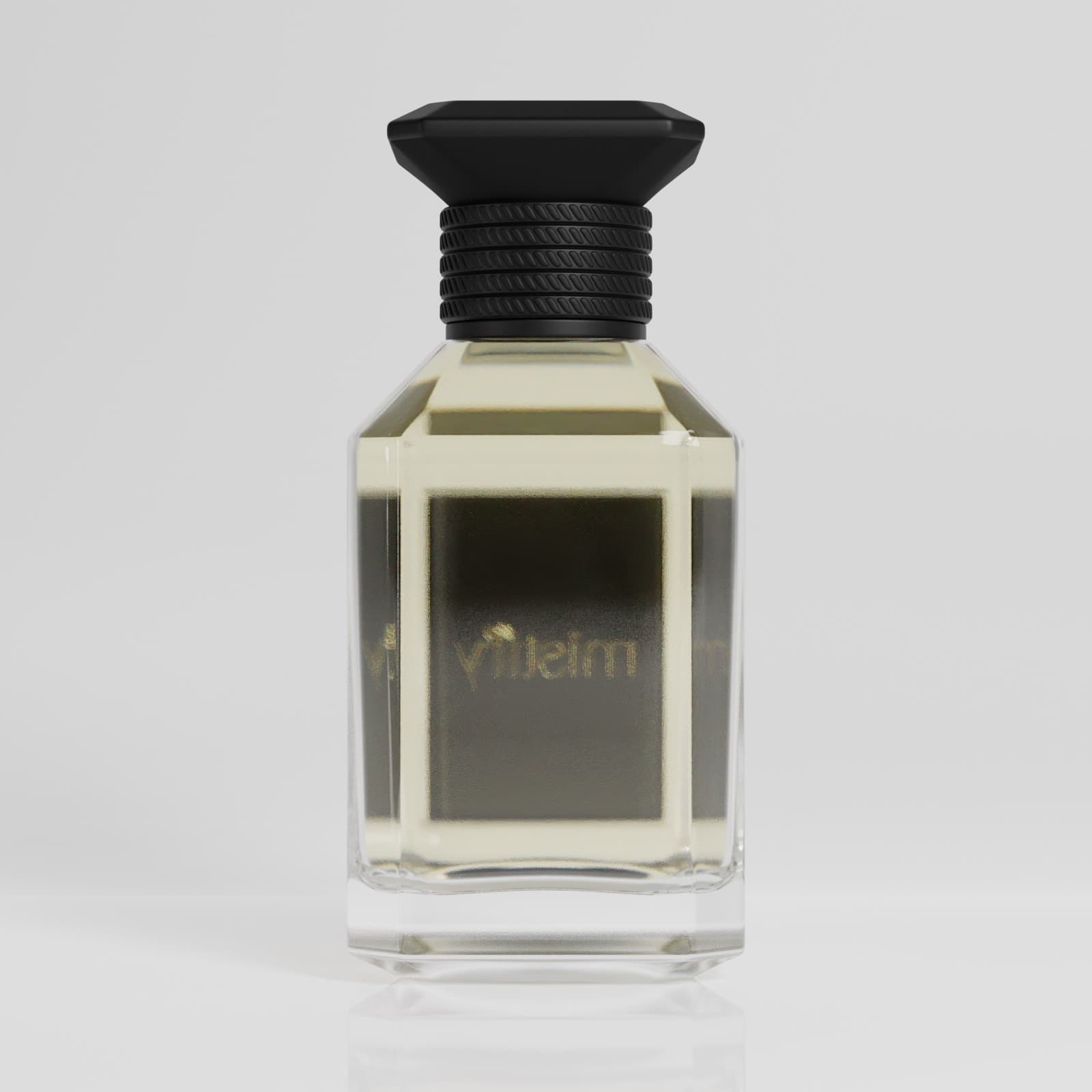 Mistify fragrance bottle shown so the gold label reads through the clear glass
