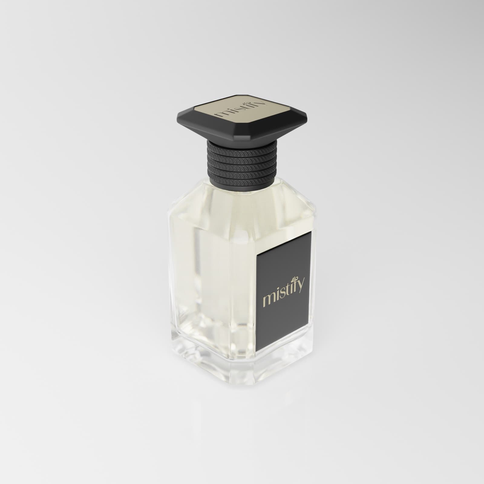 Mistify fragrance bottle lit softly against a pale grey studio background
