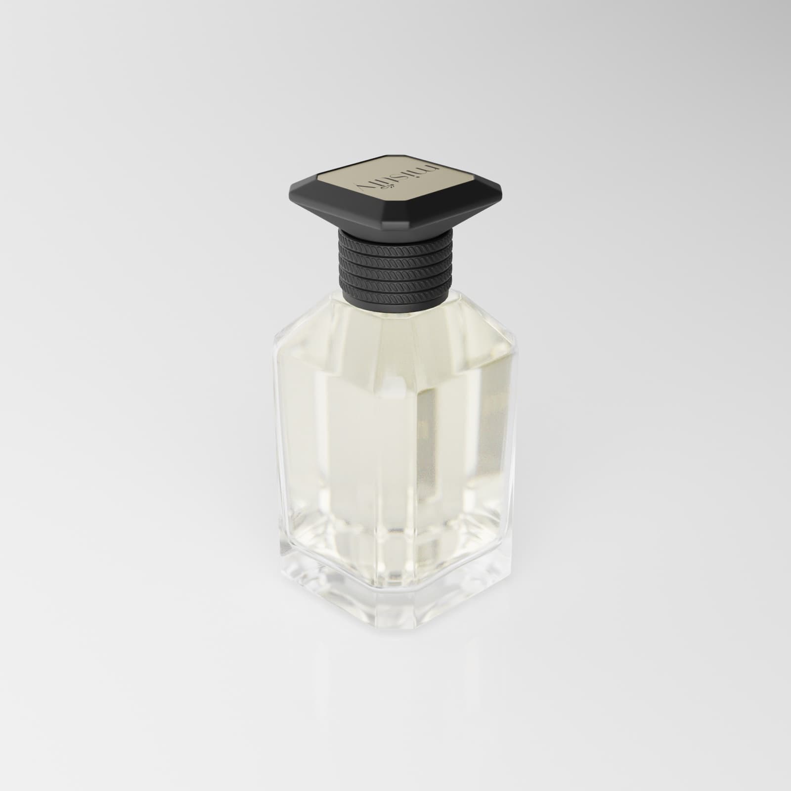 Mistify fragrance bottle with a black and gold label, angled in studio lighting