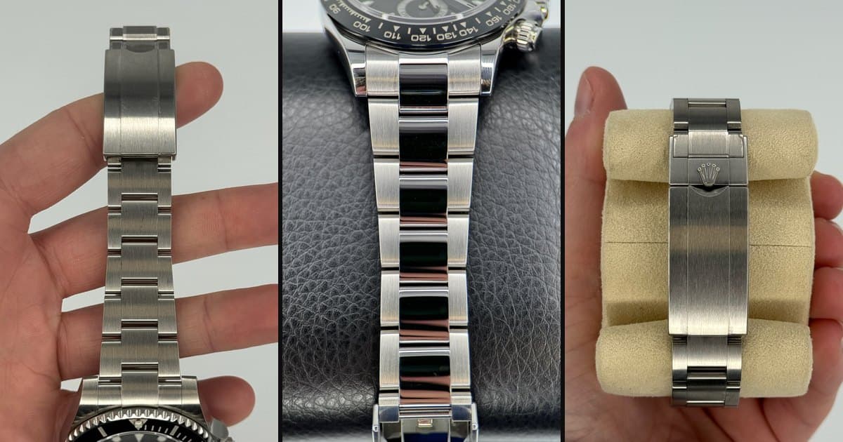 Three Rolex Oyster bracelets photographed by Moda's watch desk: a Submariner Date 116610LN bracelet held up in a hand, the polished center links of a Cosmograph Daytona 116500LN bracelet, and a closed Oysterlock clasp resting on a watch pillow