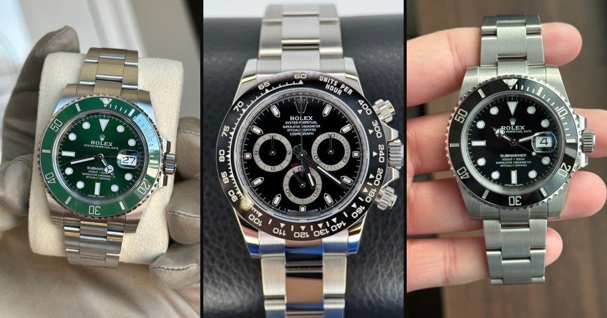 Three Rolex watches photographed by Moda's watch desk, side by side: a Submariner Date 116610LV with its green bezel and green dial, a Cosmograph Daytona 116500LN with a black dial, and a black Submariner Date 116610LN held in a hand