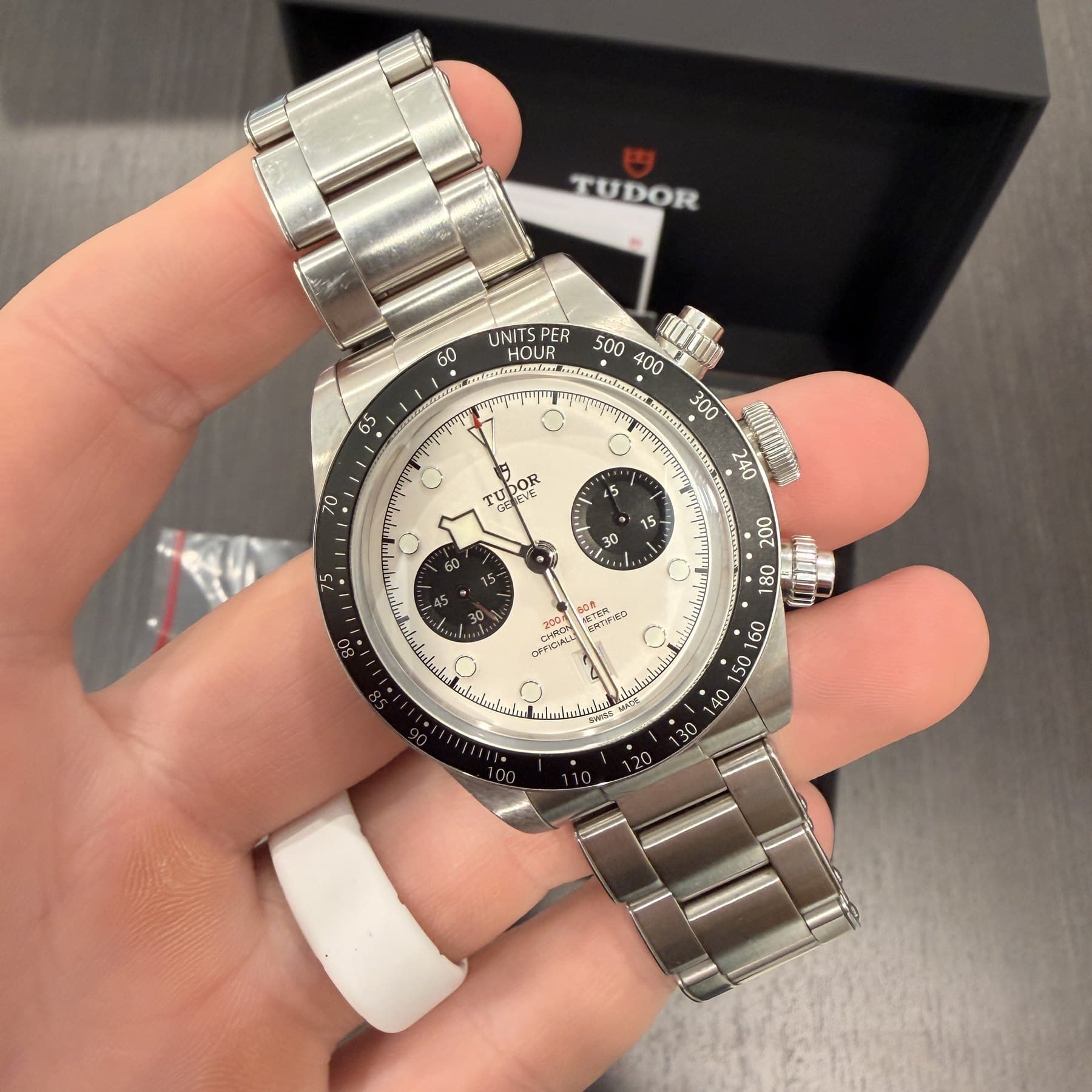 Tudor Black Bay Chrono, white dial with black counters, on the hand