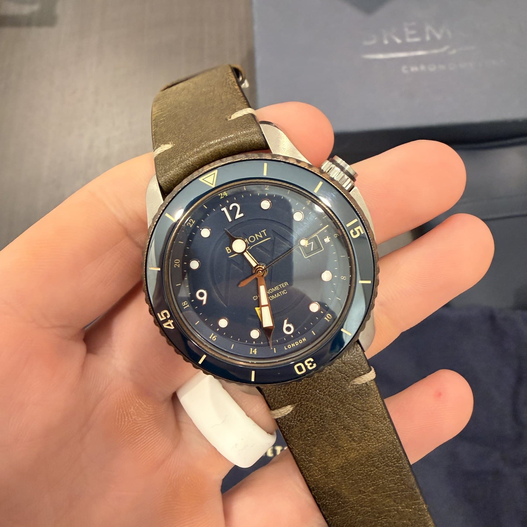 Bremont Project Possible, blue dial with GMT scale and blue bezel, on the hand