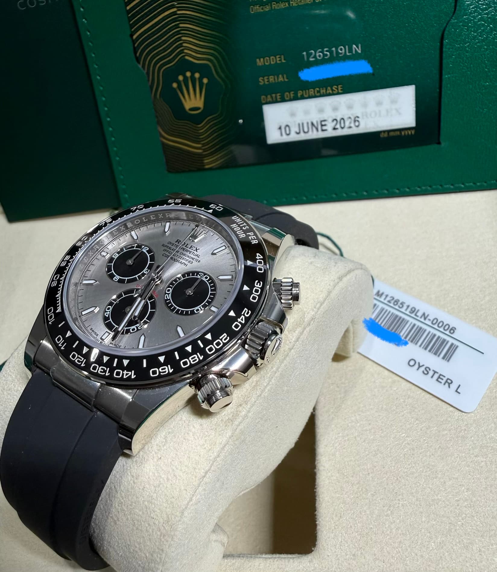Rolex Daytona, white gold on Oysterflex 126519LN